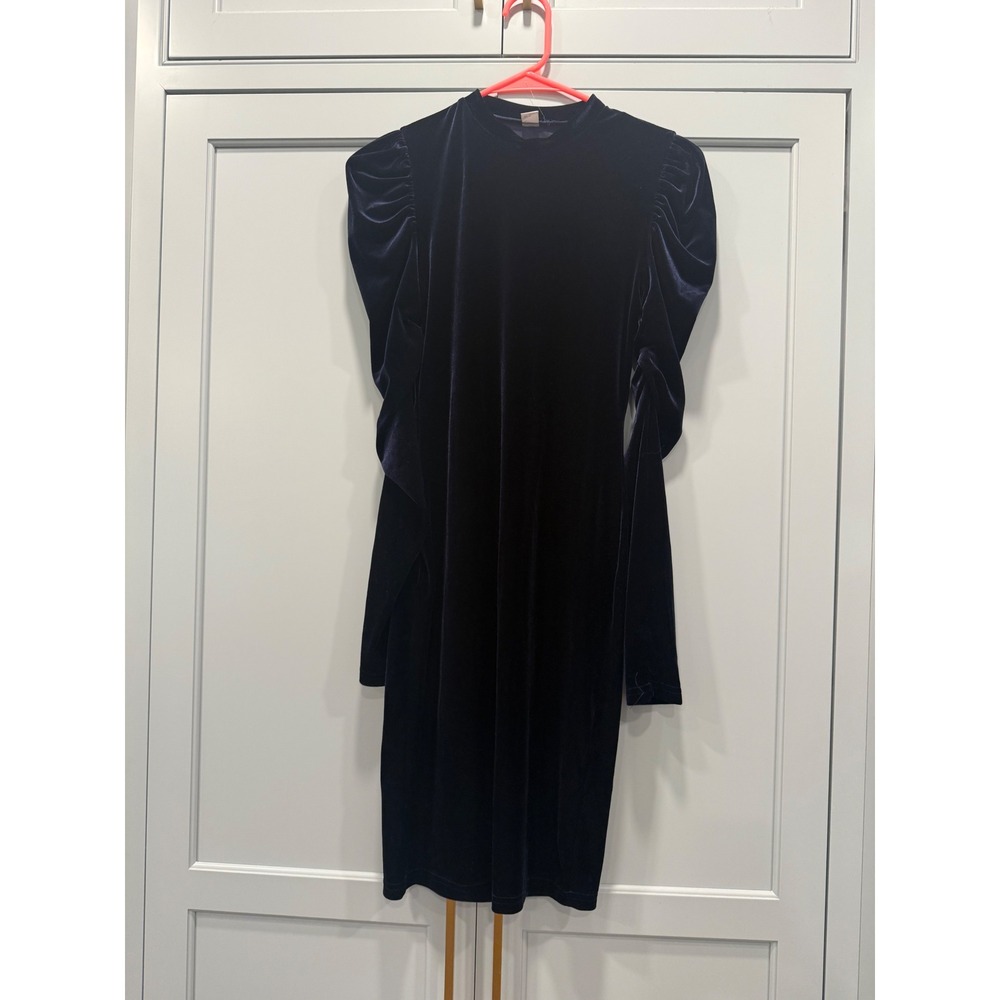 Whimsigoth Fairycore vamp ethereal Navy Velvet Puff Sleeve Mock Neck Dress